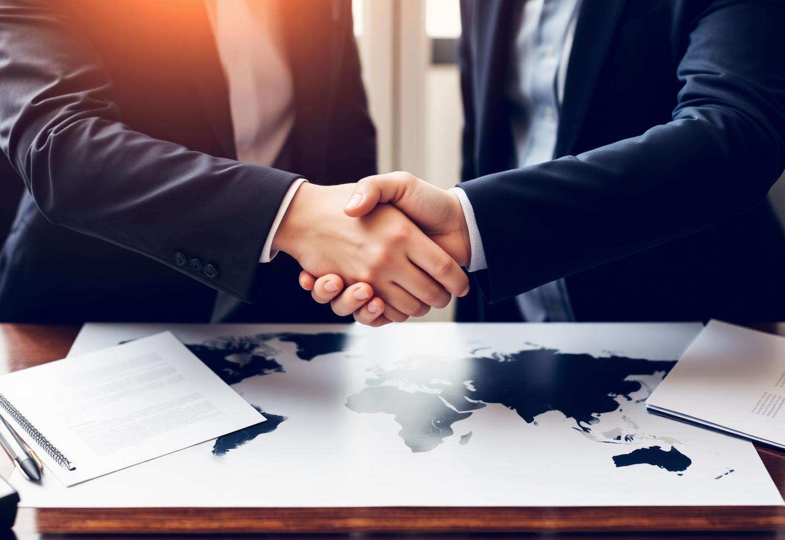 Business handshake over a global trade map