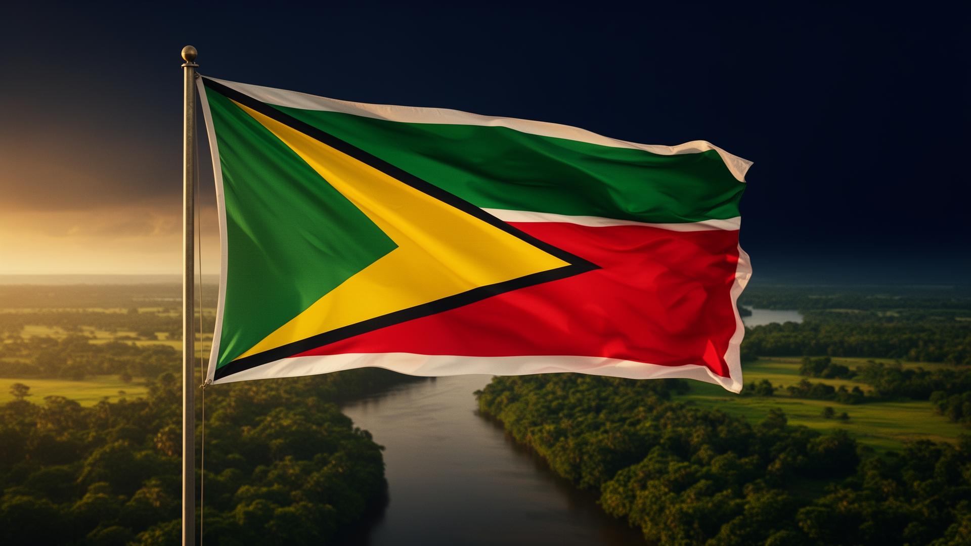 Guyana flag waving over the Demerara landscape
