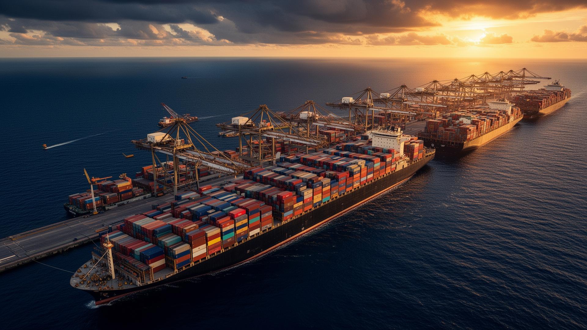 Global shipping port at sunset